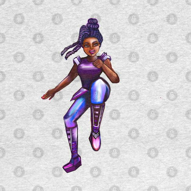 Black anime superhero brown eyed girl from outer space doing a high knee kick ! beautiful  black girl with Afro hair, brown eyes, Cherry pink lips and dark brown skin. Hair love ! by Artonmytee